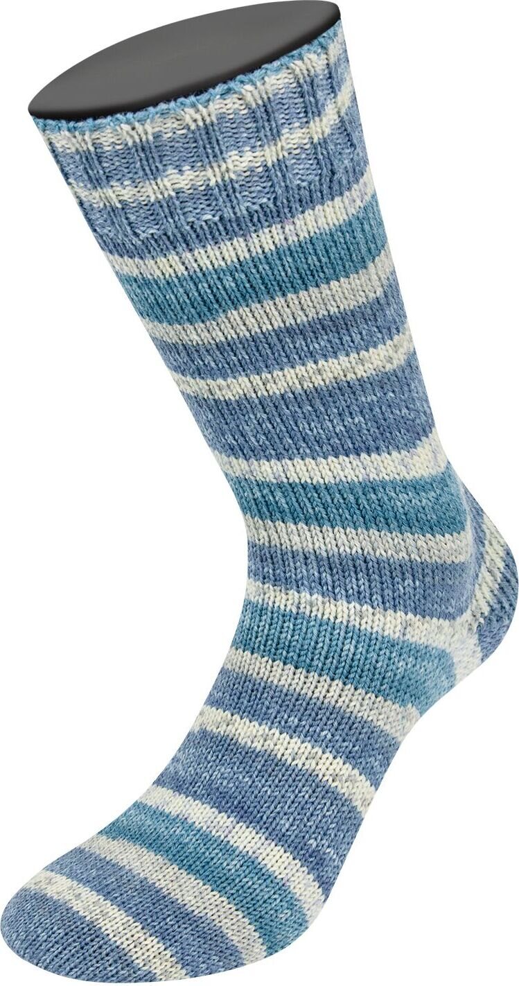 Lana Grossa Meilenweit Print, 8-säikeinen sukkalanka 9985 Petrolblau/Ecru/Lila/Jeans/Hell-/Mittelgrau